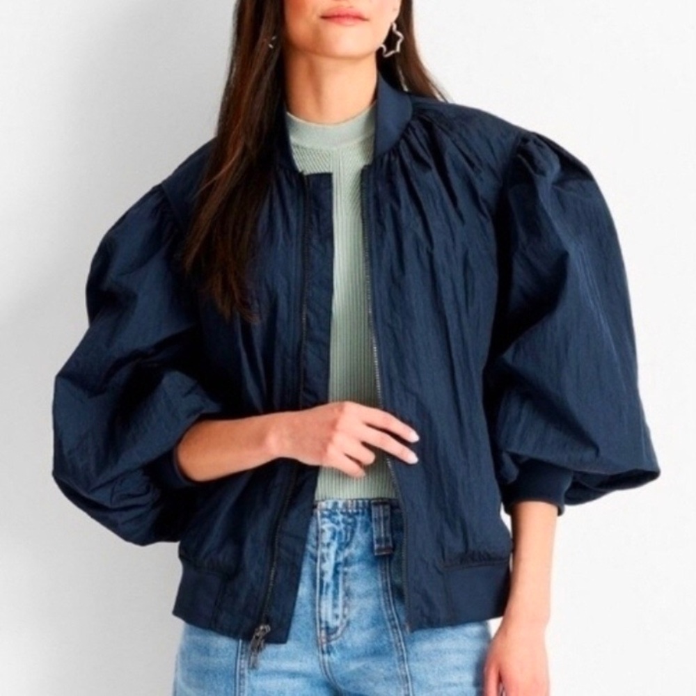Future Collective Puff Sleeve Bomber Jacket Navy Blue Nylon Size S